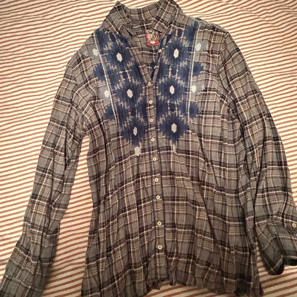 Johnny Was Blue and Gray Plaid Blouse
